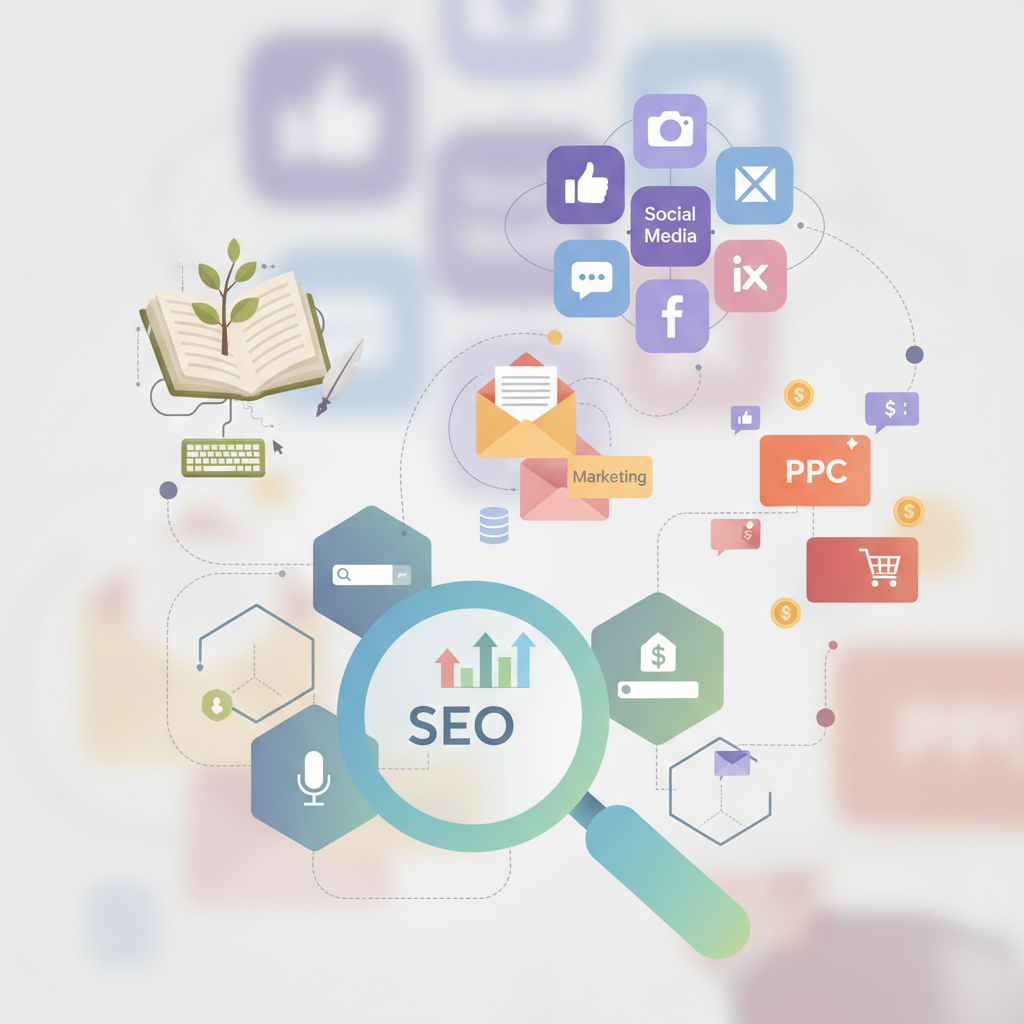 数字营销工具抽象图，含SEO、PPC及社交媒体图标